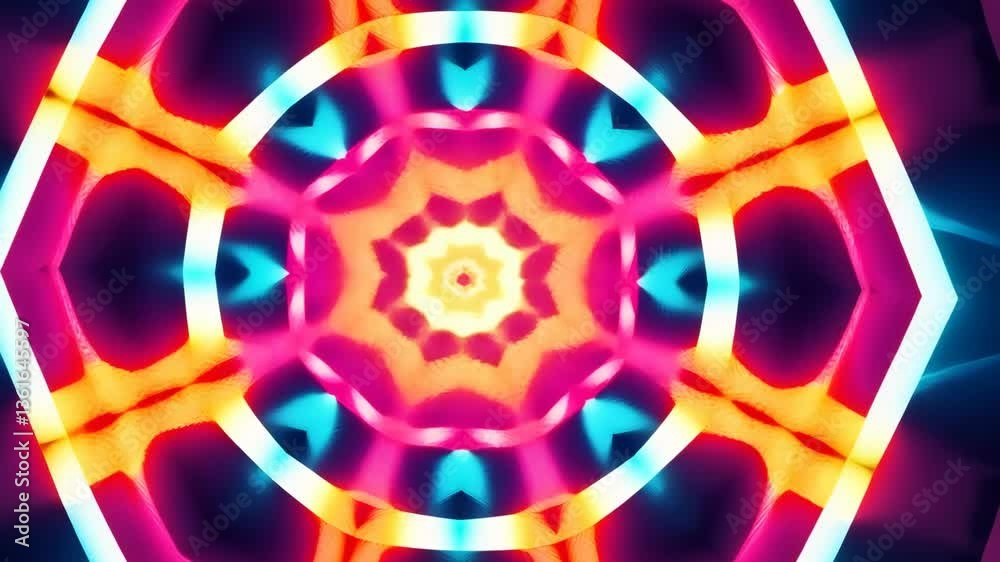 Poster a colorful design with a red center and blue and orange surrounding it. the design is made up of man