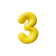 Bright yellow, inflated number three. 3d balloon.