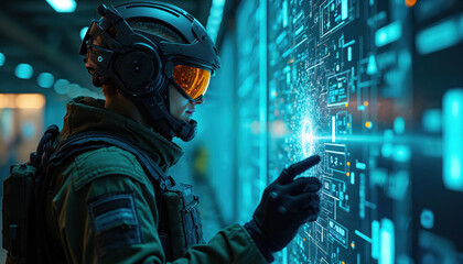 Futuristic soldier interfaces advanced holographic display. Cyberpunk battlefield tech merges digital warfare. Military gear, tactical helmet, advanced security tech, data analysis, communication