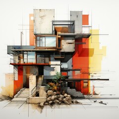 Modern Abstract Red Architectural Structure with Thin Linear Design