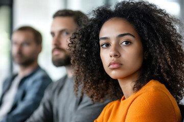 Obraz premium a group of diverse people waiting in a modern office waiting room, focusing on a young woman with curly dark hair wearing an orange shirt,