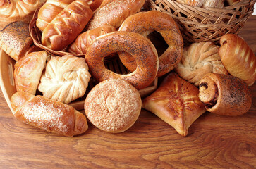 Baked goods and bakery products on the kitchen table.