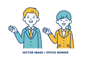 手を添えて説明する、男女の会社員のシンプルなベクターイラスト素材＿線の編集可能