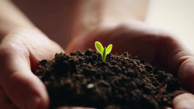 Close-up on hands gently holding fertile soil with a tiny green sprout emerging. The camera focuses on the fragile new life as the hands carefully support the earth