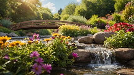 A serene garden scene featuring a wooden bridge over a stream surrounded by colorful flowers.