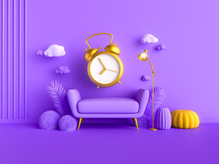 3D illustration of a purple interior with a floating golden alarm clock, sofa, and decor. Time hovers in a dreamy space, blending reality and imagination, where moments pause and gravity loses meaning