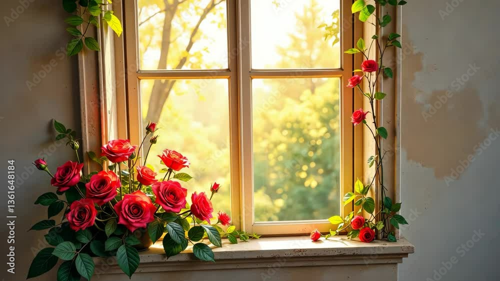 Poster a window with a bunch of red roses in it. the roses are in a vase and are placed on the window sill