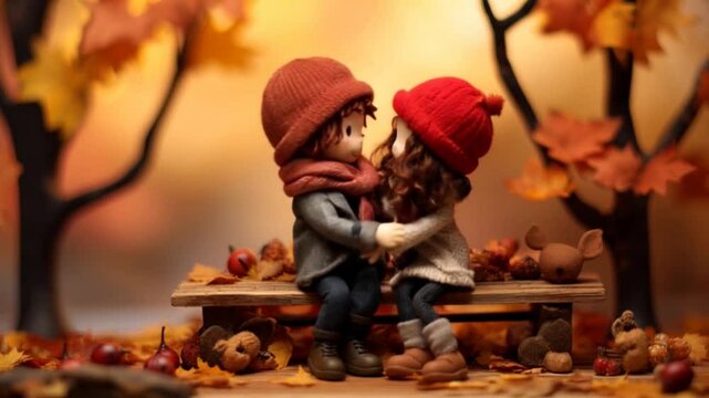 wo cute puppets in love kiss and hug each other sitting on a bench in the park. 3D cartoons. Valentine's Day love