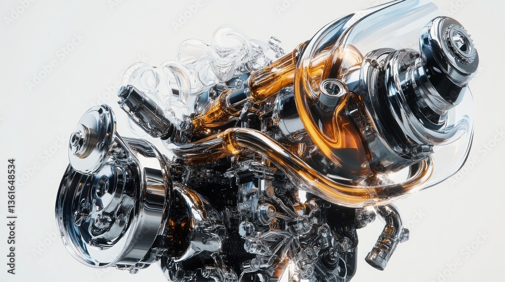 Poster transparent engine with chrome and gold details, showcasing intricate internal mechanics.
