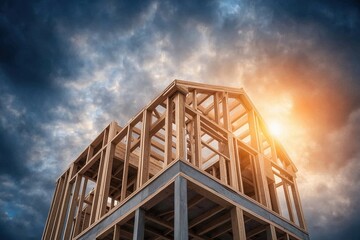 Obraz premium Wooden house frame construction at sunrise with dramatic clouds. Residential building progress