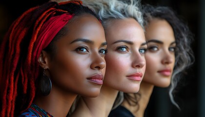 Fototapeta premium Three diverse women of different skin tones looking into the distance