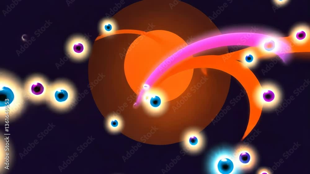 Poster A large orange ball with many smaller orange balls surrounding it. The smaller balls are in different positions and sizes