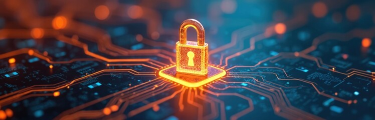 Glowing padlock icon digital data streams symbolizes cybersecurity. Orange blue hues striking contrast, highlighting tech, data protection, encryption, network, security, privacy, internet.