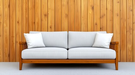 Bright and airy living room featuring a light grey sofa against a wood wall creating a cozy and inviting atmosphere