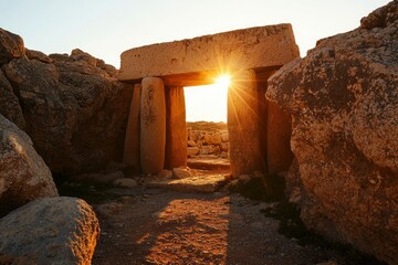 Ancient stone gateway at sunset