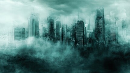 Fototapeta premium Dystopian City Skyline with Decaying Skyscrapers in Fog