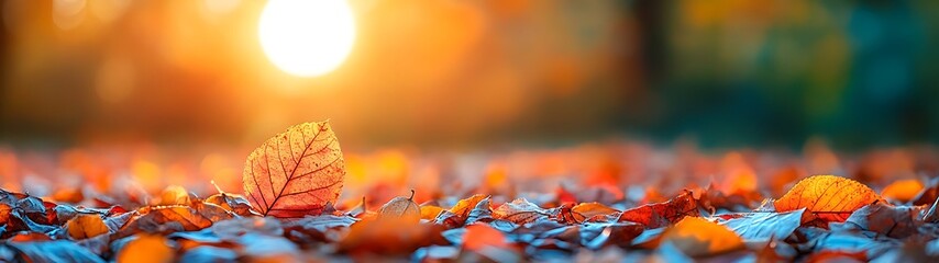 Beautiful colorful fallen leaves spread across the ground in sunlight