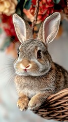 Fototapeta premium Adorable rabbit sitting in a basket within a bright creative workspace surrounded by artistic tools and natural light