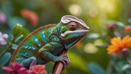 Fototapeta premium A vibrant chameleon perched among colorful flowers in a lush garden setting.
