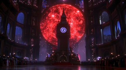 Clock tower under giant red moon in grand hall.