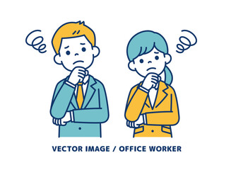首をかしげて考える、男女の会社員のシンプルなベクターイラスト素材＿線の編集可能