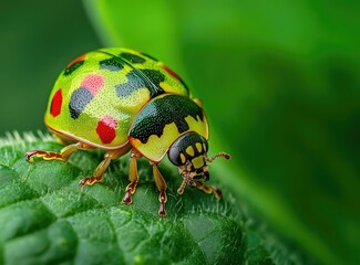 Fototapeta premium Close-up of Colorful Ladybug on a Green Leaf in Natural Light
