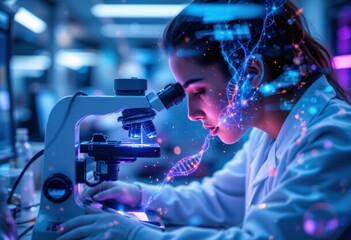 Fototapeta premium Microbiologist examining DNA through high tech microscope, double exposure overlay showing microscopic view transforming into galaxy