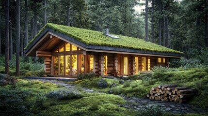 Cozy log cabin surrounded by lush forest, with a green moss roof, evening light
