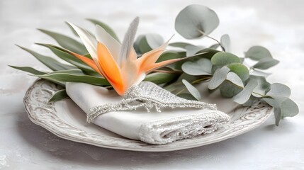 Elegant Table Setting with Bird of Paradise Flower and Eucalyptus