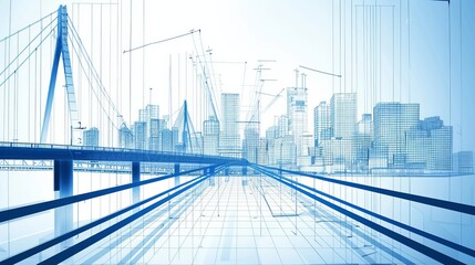 Obraz premium Blue architectural cityscape design with bridge, road and buildings illustration