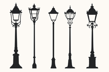 Street lamp post set vector in flat style, isolated in white background. Silhouette street lamp collection set. Outdoor city lighting fixtures with a retro modern design for sidewalks in urban or town