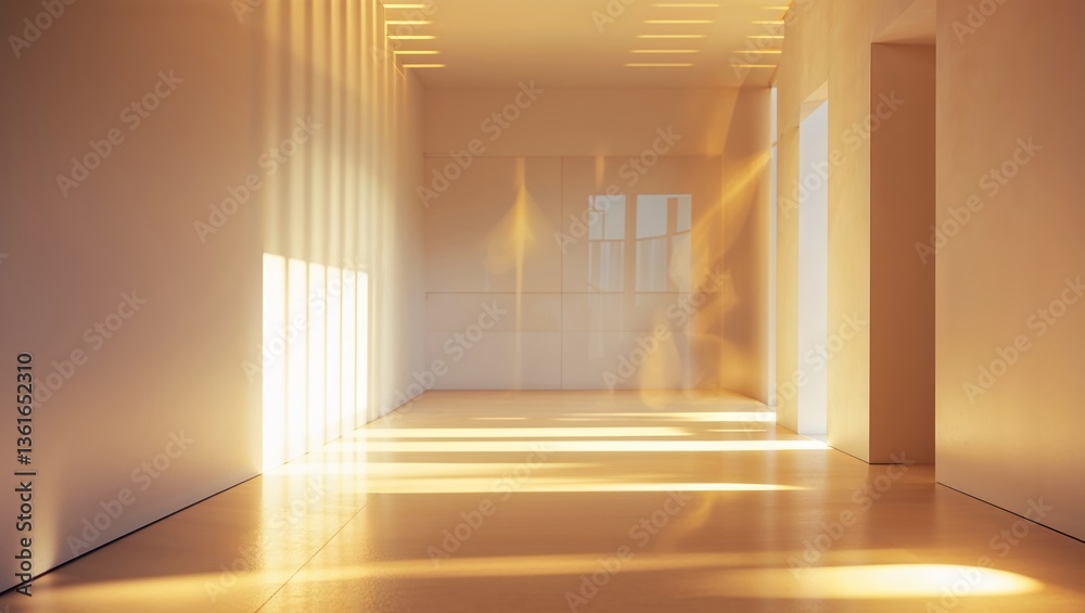 Poster light filters through an empty hall creating warm patterns on the floor during late afternoon