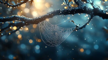 A breathtaking macro shot of a dew-covered spider web suspended between two branches, shimmering with refracted sunlight, tiny water droplets sparkling like crystals,
