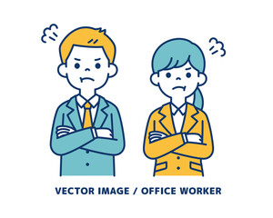 腕を組んで怒る、男女の会社員のシンプルなベクターイラスト素材＿線の編集可能