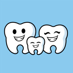Cheerful Cartoon Tooth Family Smiling Together on Blue Background for Dental Health Concept