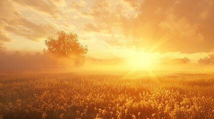Golden sunrise over a peaceful countryside field. Warm morning mist and soft sun rays