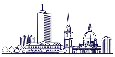 Obraz premium Boston skyline, featuring the Prudential Tower and historic landmarks in a sleek, continuous-line style.