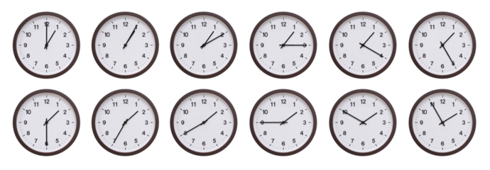 Sequence of dark brown wooden wall clocks showing time progression from 01.00 to 01.55. Ideal for concepts of time management, scheduling, and time flow
