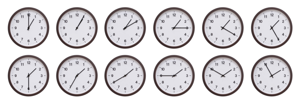 Sequence of dark brown wooden wall clocks showing time progression from 01.00 to 01.55. Ideal for concepts of time management, scheduling, and time flow