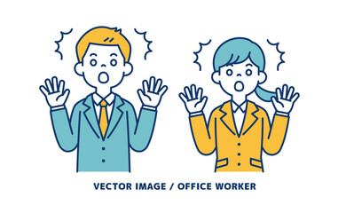 両手を広げてビックリする、男女の会社員のシンプルなベクターイラスト素材＿線の編集可能