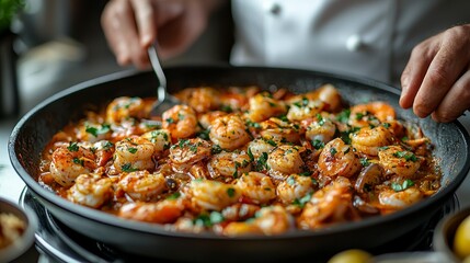 A chef concentrating on plating a delicious seafood cioppino in a stylish kitchen, emphasizing culinary skills
