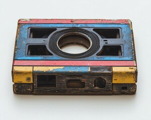Rusty vintage cassette tape on white background