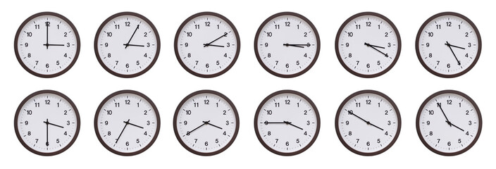 Sequence of dark brown wooden wall clocks showing time progression from 03.00 to 03.55. Ideal for...