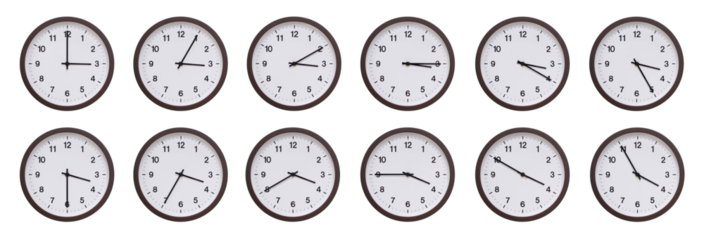 Sequence of dark brown wooden wall clocks showing time progression from 03.00 to 03.55. Ideal for concepts of time management, scheduling, and time flow