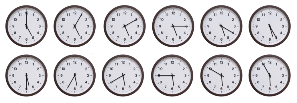 Sequence of dark brown wooden wall clocks showing time progression from 05.00 to 05.55. Ideal for concepts of time management, scheduling, and time flow