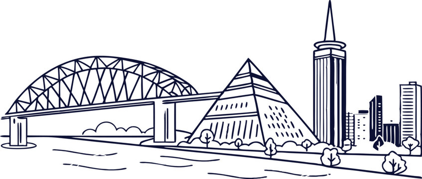 A minimalist one-line drawing of the Memphis skyline, featuring the Pyramid Arena and Hernando de Soto Bridge in a sleek, continuous-line style.