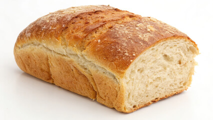 Freshly baked brown loaf of wheat bread with a crispy crust isolated on a white background for a healthy bakery breakfast or snack