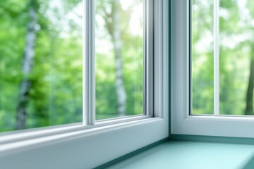 Corner view of window with green nature outside during sunny day. peaceful home atmosphere