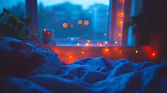 Cozy bedroom at night, fairy lights, window.