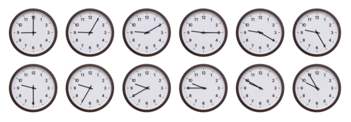 Sequence of dark brown wooden wall clocks showing time progression from 09.00 to 09.55. Ideal for concepts of time management, scheduling, and time flow